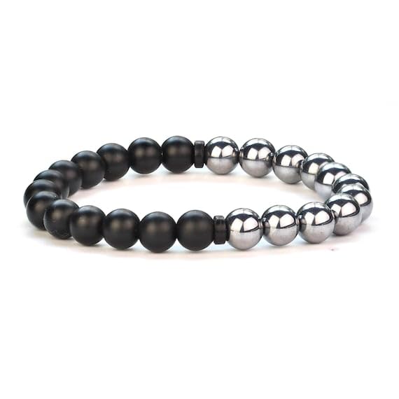 Bracelet anti-stress onyx noir mat hématite 8mm extensible unisexe