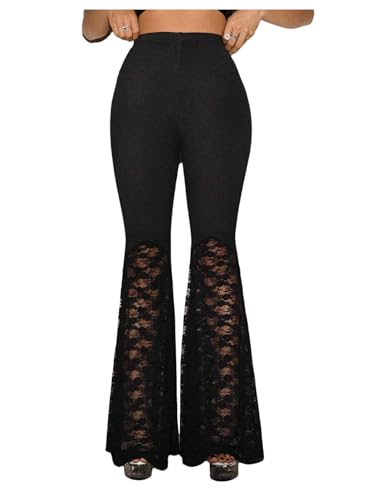 OYOANGLE Women's High Waisted Lace Flared Pants Y2K Gothic Bell Bottom Trousers Streetwear