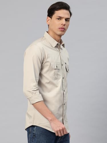 Image of Majestic Man Men's Washed Cotton Twill Casual Shirt -| with Dual Flap Pockets - Slim Fit | Full Sleeve | Casual Wear | Trendy & Comfortable