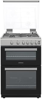 Statesman GDL60S Double Oven Gas Cooker with Glass Lid & Closed Door Grilling, 4 Gas Burners, 60cm Wide, Silver