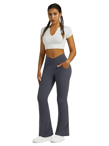 Image of Flare Leggings for Women with Pockets 2pack High Waisted Crossover Flare Leggings Bootcut Yoga Pants