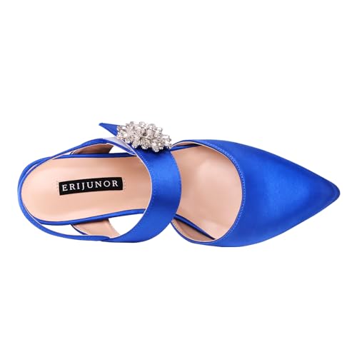 Image of ERIJUNOR Mid Heel Shoes for Women Pointed Toe Slingback Rhinestone Brooch Satin Dress Pumps Evening Prom Wedding Shoes