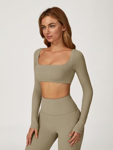 Image of ABOCIW Women Square Neck Long Sleeve Workout Crop Top Low Medium Impact Athletic Yoga Gym Shirts with Built in Bra(ONLY TOP)