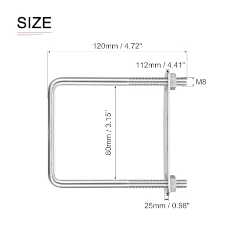 Image of DTGN M8x80x120mm(ThreadxWxL) Square U Bolt - 2Pack - Good for Trailer Pipe Replacement Parts - 304 Stainless Steel U Shape Bolts