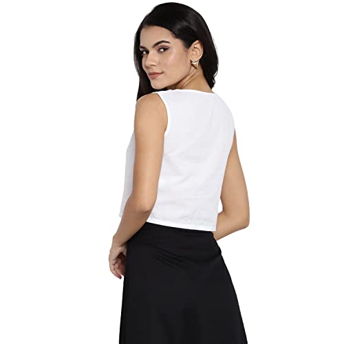 Image of DEEBACO Women's Regular Fit Cotton Pintuck Round Neck Solid Crop Top for Women Stylish Sleeveless One Piece Casual Girl Tops (White, Pink, Mustard)