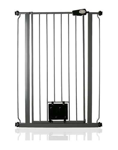 Bettacare Haustiergitter mit Verriegelbarer Katzenklappe, 68.5cm - 75cm, Schiefergrau, 104cm in der Höhe, Extra Hohes Haustier Sicherheitsgitter mit...