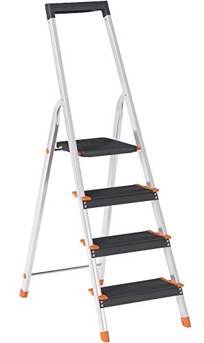 AmazonBasics Folding Step Ladder - 4-Step, Aluminum with Wide Pedal, Silver and Black