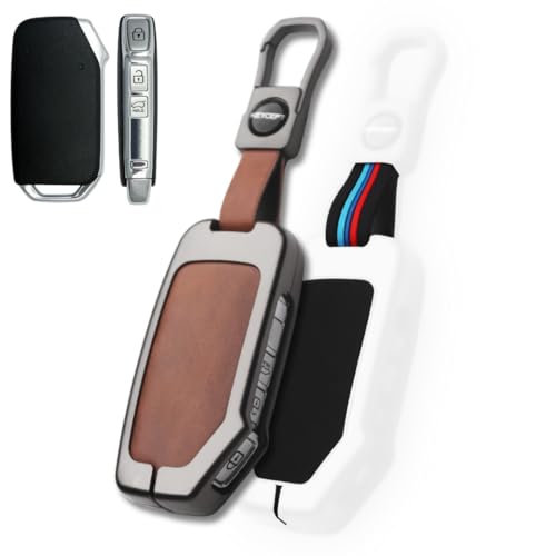 Image of KEYCEPT Metal Alloy Key Cover Compatible with Kia Seltos HTE, Sonet HTE, Carens Premium, Prestige 3 Button Smart Key (Dual Black & Tan).