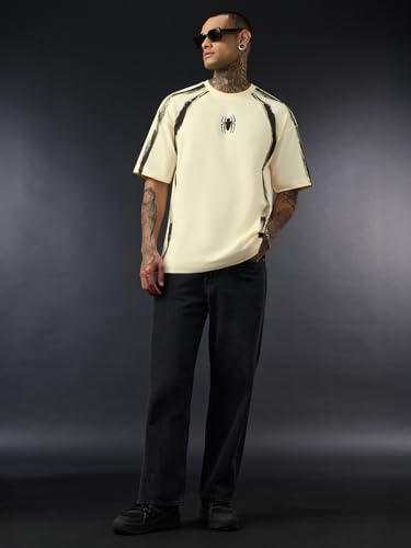 Image of The Souled Store Spider-Man: Ink'd Men and Boys Short Sleeve Round Neck Cream Graphic Printed Superhero Casual Lightweight Drop Shoulder Streetwear Trendy Cotton Oversized T-Shirts