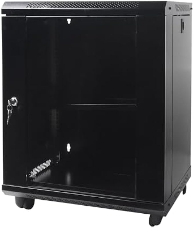 12U Wall Mount Network Server Cabinet with Glass Door, Locks, Removable Side Panels, for IT Equipment, A/V Devices, Black