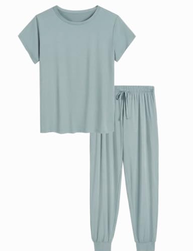 Image of Joyaria Women's Bamboo Viscose Cooling Pajamas Short Sleeve Crewneck Top & Jogger Pajama Pants with Pocket S-XXL