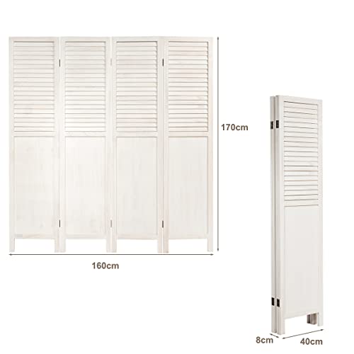 CASART Folding Room Divider, 4/6 Panel Wooden Room Partitions Screen, Indoor Outdoor Movable Protective Separator Partition Decorative for Living Room, Bedroom, Study, Office (160 x 170cm, White)