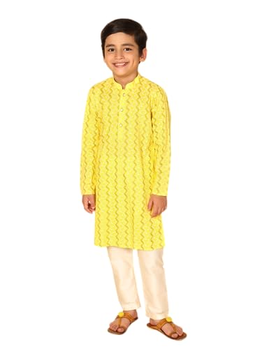 Image of KISAH Kid's Full Sleeves Cotton Blend Knee Length Printed Kurta Pyjama Set (3-4Y, Corn Yellow)