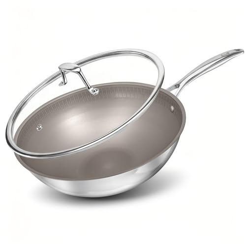 Lvmol Titanium Wok Pan with Lid 12 Non-Toxic PFAS-Free Woks & Stir-fry Pans Tri-Ply Titanium & Stainless Steel Induction & Dishwasher Safe