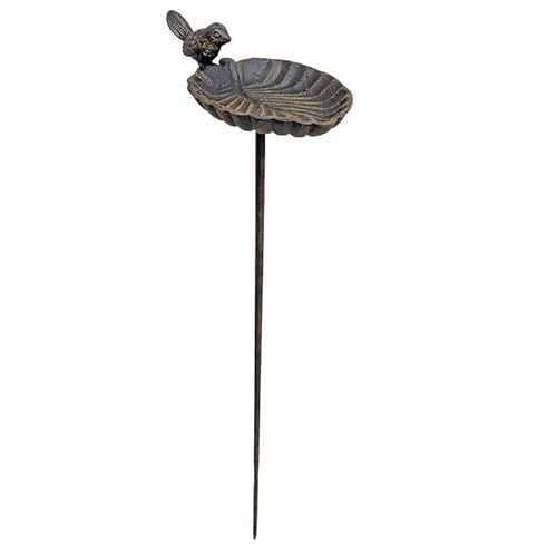 Bénitier sur Tige Bain Oiseau à Piquer Mangeoire Fonte Patinée Marron Grain Abreuvoir Forme Feuille 11x16x86cm