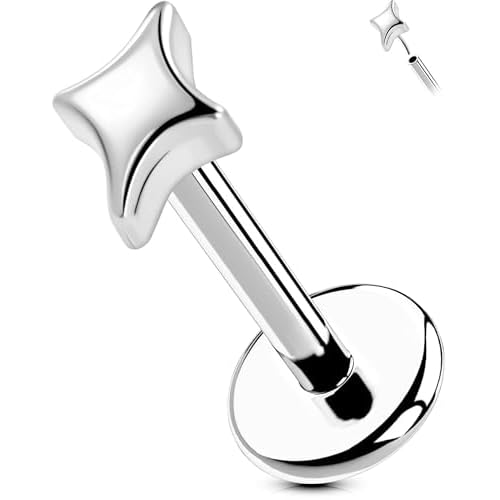 OUFER G23 Titanium Threadless Labret Studs β Flat Back Push Pin Earrings for Tragus, Helix, Monroe, Conch, Lip Piercing β 16G/18G, 6MM/8MM Silver-4Star 18g 6mm