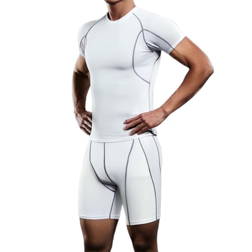 Conjunto de ropa de entrenamiento para hombre, juego de correr, ropa deportiva, ropa de entrenamiento, camiseta atlética+pantalones cortos/camiseta de compresión+pantalones, 2 piezas, Blanco, L