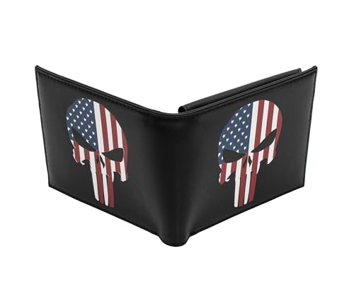 Printed Skull, American Flag print, The Punisher Skull, Theme Bifold Credit Card Cash Holder Wallet with Gift box for men2
