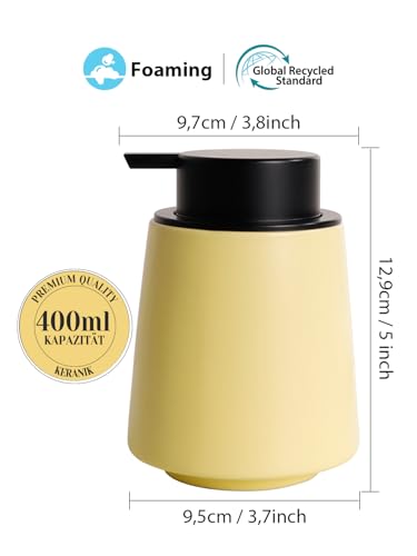 Autumnlife Seifenspender Keramik Schaumseifenspender, Gelb Spülmittelspender Küche mit Großer Pumpenkopf, Nachfüllbarer Schaumspender Matt Soap Dispenser für Küche, Bad - 400 ml 2