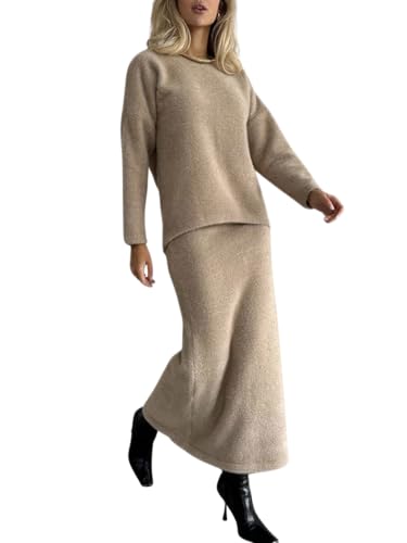 CHARTOU Women's Elegant Sweater Skirt Sets 2 Piece Outfits Fall Fuzzy Crewneck Sweater Fishtail Skirts