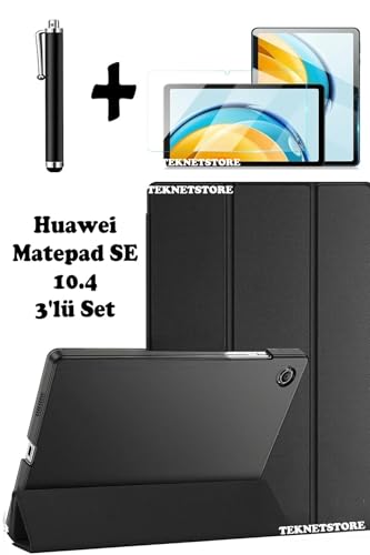 Huawei MatePad SE 10.4 uyumlu siyah tablet aksesuar seti: Flip smart standlı kılıf, ekran koruyucu ve kalem