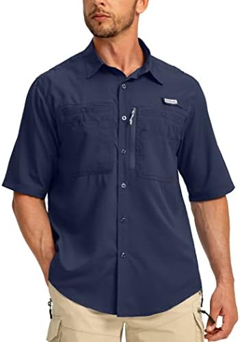 Men's Fishing Shirts with Zipper Pockets UPF 50+ Lightweight Cool Short Sleeve Button Down Shirts for Men Casual Hiking(Navy,XX-Large)