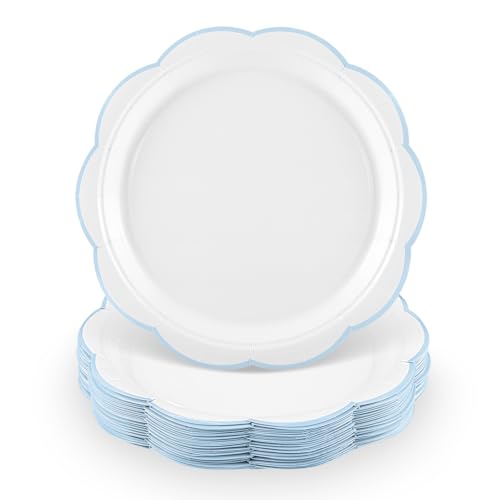 Image of NatNarr 30 Pcs Blue and White Plates 9 Inch Paper Plates with Blue Trim | Scalloped Dinner Plate Disposable Summer Plate for Baby Shower, Wedding, Bridal Shower, Birthday
