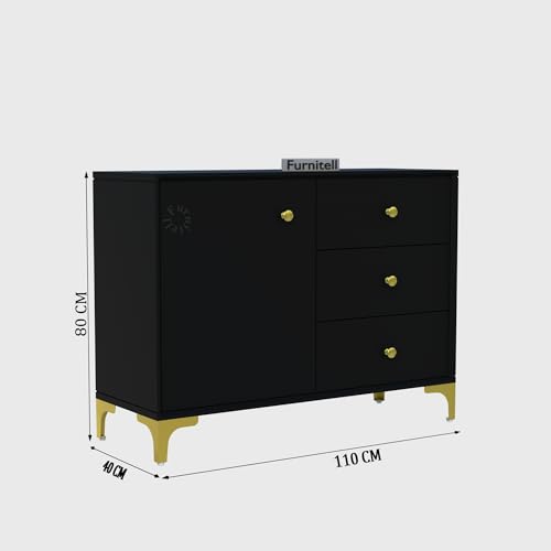 Image of Wooden Sideboard Cabinet for Living Room | Side Board Crockery Cabinet with 1 Door & 3 Drawers Storage for Dining, Drawing and Home Office | HDMR Premium Wood & Iron, Forest Green