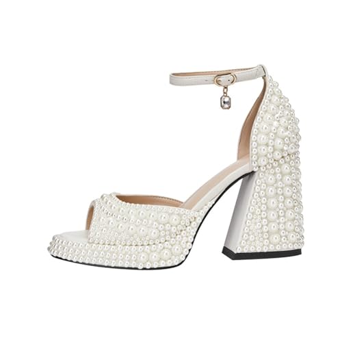 Image of Goolita Womens Open Toe Pearl Platform Heels For Women Chunky Buckle Ankle Strap Wedding Heeled Sandals Dress Evening Bride Bridal Shoes