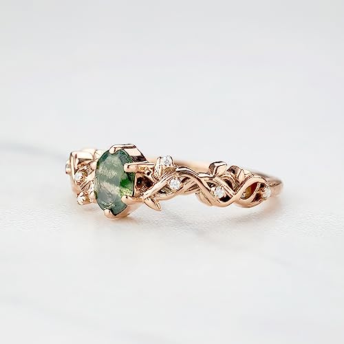 Oval Cut 0.40CT Natural Moss Agate Ring Rose Gold Plated 925 Sterling Silver Green Gemstone Leaf Vine Nature Inspired Engagement Rings for Women Size 4-103