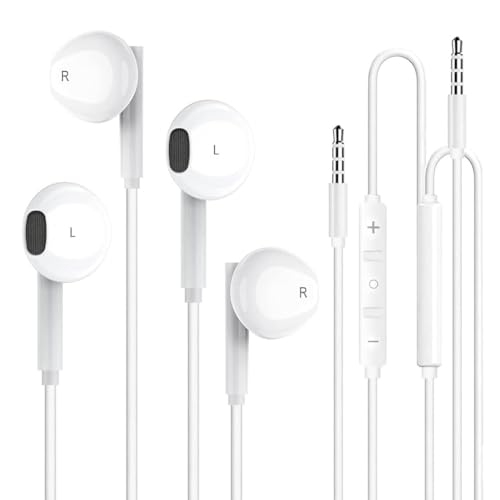2 Pack 3.5mm Wired Headphone Plug, In-Ear Earphones, Noise Isolating with Built-in Microphone & Volume Control Compatible with iPhone iPad iPod MP3 MP4 Samsung Huawei Laptop