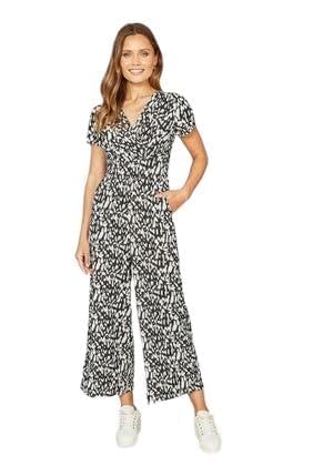 Yumi Black And White Wrap Over Stretch Jumpsuit (Black, 12)