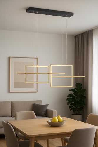 Image of Modern Geometric LED Pendant Chandelier Light | Rectangular Frame Hanging Ceiling Lamp | Warm White Decorative Linear Lighting Fixture | Premium Gold Finish | Ideal for Dining Room, Kitchen Island