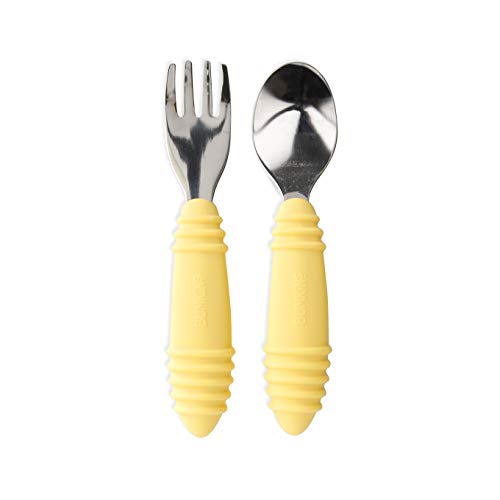 Bumkins Utensils Silicone and Stainless Steel Fork and Spoon Set Toddler Silverware Self Feeding in Pineapple, Pineapple-SFT