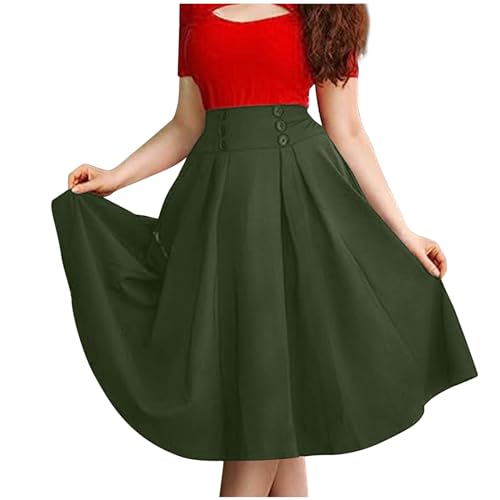Women's Basic Versatile Stretchy Flared Casual Midi Skater Skirt Ruched High Waist Knee Length A-Line Pleated Skirts