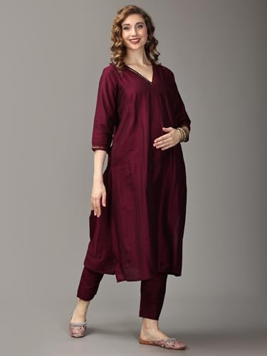 Image of The Mom Store Maternity Nursing and Feeding Kurta Set | Nursing Zippers | Pre and Post Pregnancy | Raw Silk | Kurta Pant Set | Solid |