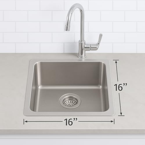 Image of NIRALI Kitchen Sink 16 x 16 Inch Omni 304 Heavy Duty Stainless Steel | Single bowl Sink Round Coupling | Rust & Stain Resistant | Minimizes Sound (Glossy, 16 inch x 16 inch x 8 inch)