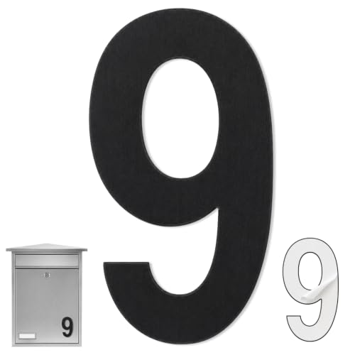 Numero 9 casa, Número Nueve hogar, Número 9 para puerta, Número para pared, Número 9 buzón, Acero inoxidable 304, 75 mm alto x 47 mm ancho, Adhesivo, Dorado (Negro, 10.2, Centímetros, Numero 9)
