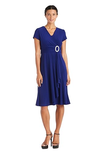 Image of R&M Richards Women's Cascade Wrap Dress with V-Neck & O-Ring Rhinestone Buckle, Work to Weekend Short Sleeve Flowy Silhouette