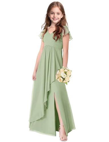 Junior Bridesmaid Dresses Chiffon V Neck Flower Girl Dress for Wedding Ruffle Sleeves Girls Formal Dresses