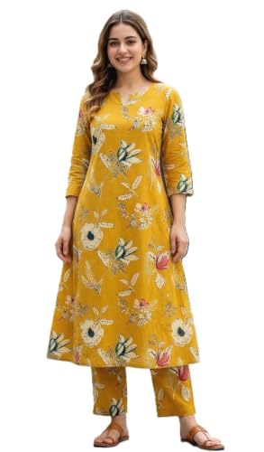 Image of CREATION & YOU Women's Pure Cotton Floral Printed Kurta with Palazzo Pants | Ethnic Set | Kurti Set for Women | Cotton Cord Set for Women