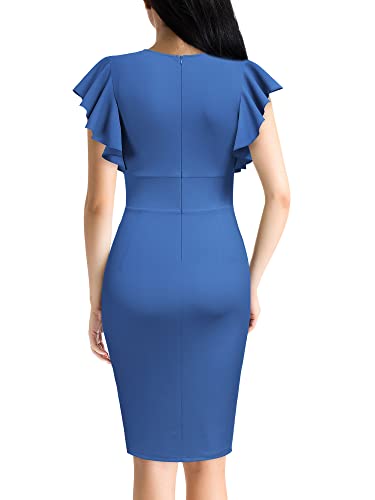 Knitee Women's Deep-V Neck Ruffle Sleeves Cocktail Party Pencil Slit Formal Dress