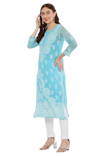 Image of FAWOMENT Women's Designer Straight Georgette Hand Embroidered Lucknowi Chikankari Kurta Designed in Side Jhaar Pattern Alongwith Slip