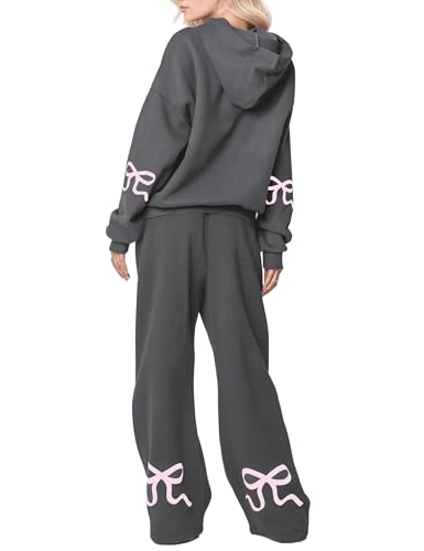 Livtany Women's 2 Piece Outfits Bow Trim Print Hoodie Sweatsuit Sets Oversized Sweatshirt Wide Leg Sweatpants With Pockets