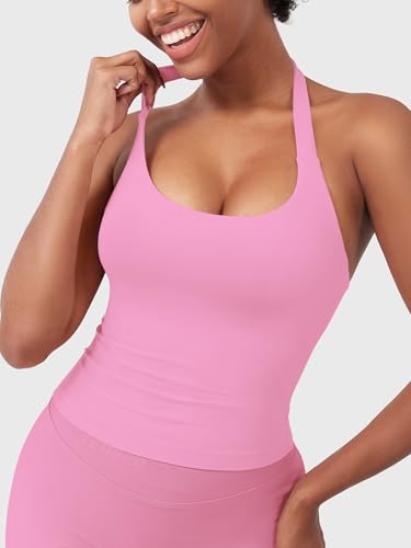 Image of YEOREO SoftHue Women's Impact Halter Tank Top Longline Backless Scoop Neck Built-in Bra Sports Workout Gym Crop Top