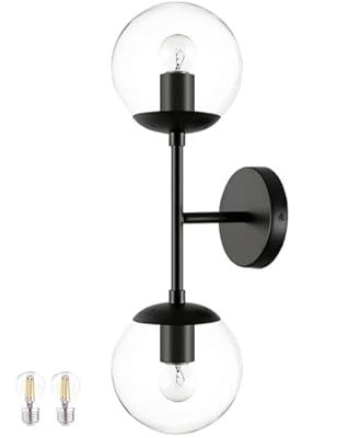 KoKo&Yukina Mid Century Modern Bathroom Vanity Light Matte Black Clear Glass Globe Vanity Light Fixtures Globe Sconce 2-Light Bathroom Lights Wall Fixtures Mid Century Wall Sconce