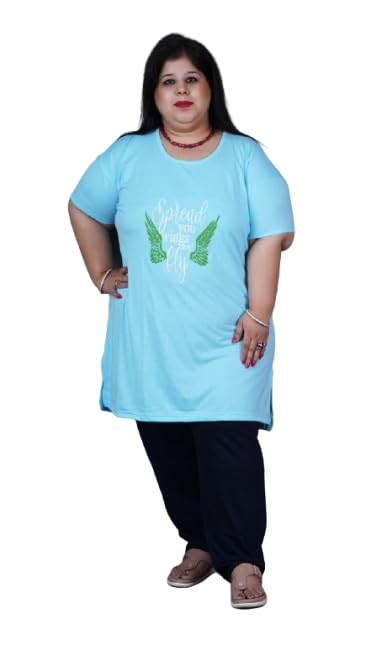 Women Plus Size Cotton Night Suit Half Sleeve Round Neck Graphic Printed T-Shit and Pyjama Loose Fit Daily Use Night Wear