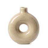 VICTOR & TERESA Ceramic Rustic Vases - 7.9' Small Donut Vases, Perfect for Living Room Flowers, Farmhouse Beige Centerpieces, Mantel, Shelf, Table Decor