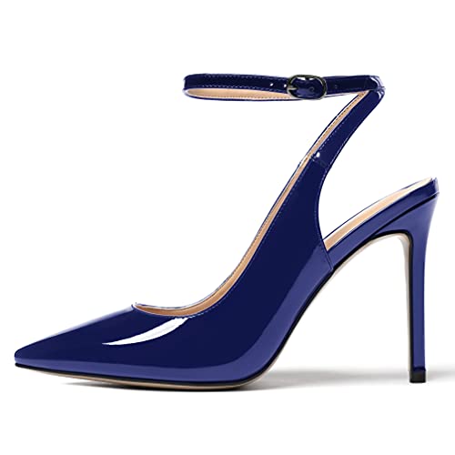 WAYDERNS Women's Patent Pointed Toe Solid Slingback Ankle Strap Stiletto High Heel Pumps Shoes 4 Inch2