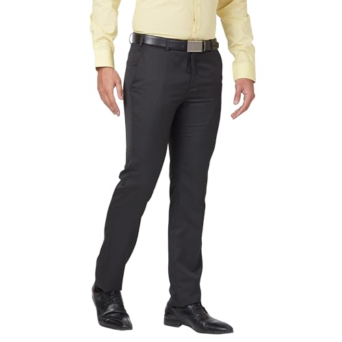 Image of Raymond Men Mid Rise Slim Fit Stripe Pattern Poly Viscose Blend Flat Front Formal Trouser